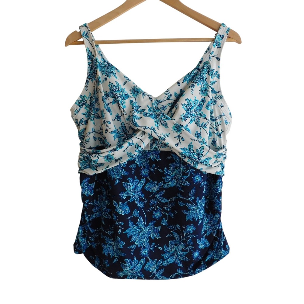 Lands' End 18W DD Underwire Tankini Top Blue White Floral Beach Resort